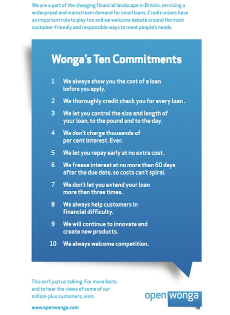 Wonga 10 Commitments ad