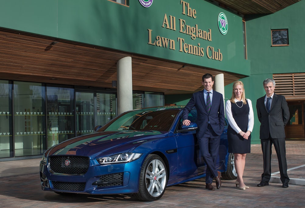 Jaguar brand ambassadors Tim Henman and Jose Mourinho and marketing director Laura Schwab unveil the brand's partnership with Wimbledon 