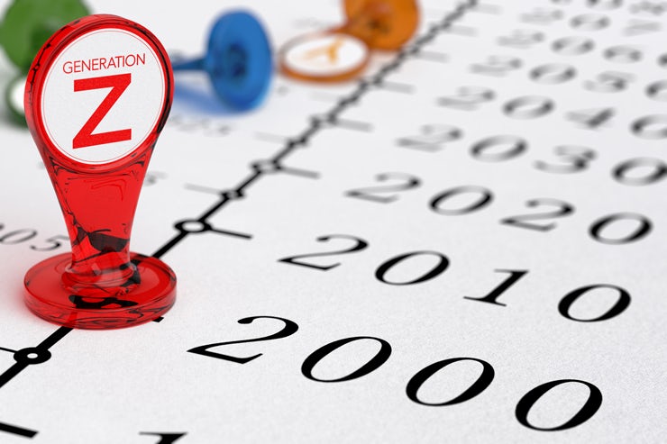 Timeline with red sign where it is written the text generation Z, illustration of millenial generations born after the year 2000.