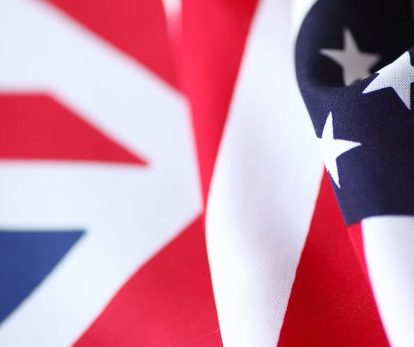 Draped United States flag next to British flag